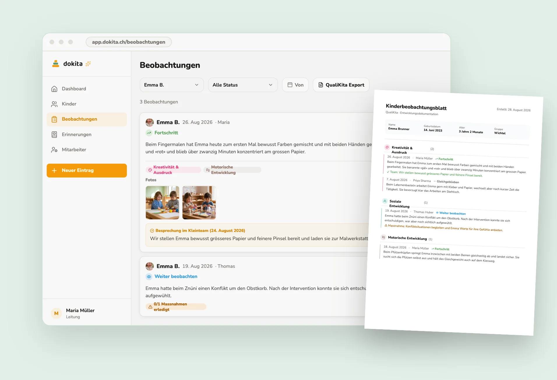 dokita Beobachtungen-Liste im Browser mit Einträgen zu Emma B., daneben das dazugehörige Kinderbeobachtungsblatt als A4-Ausdruck